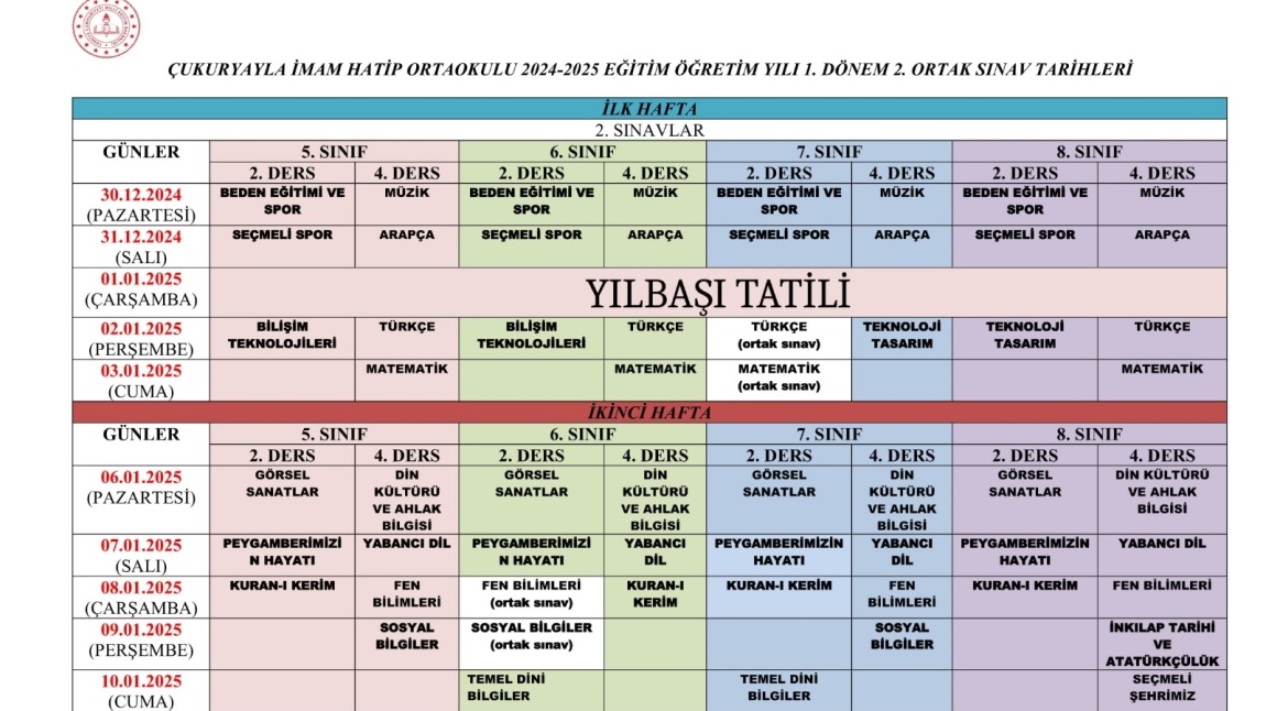 I. DÖNEM II. SINAV TAKVİMİ 